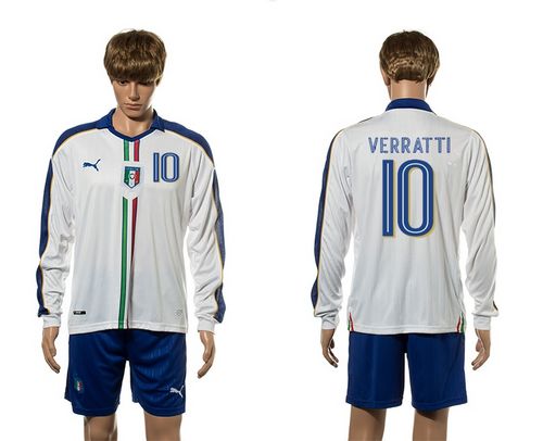 Italy #10 Verratti White Away Long Sleeves Soccer Country Jersey - Click Image to Close